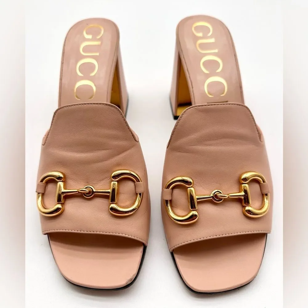 Gucci Baby Horsebit Block Heel Slide Mules Leather In Pink Rose EU 41 US 11 - Picture 2 of 13
